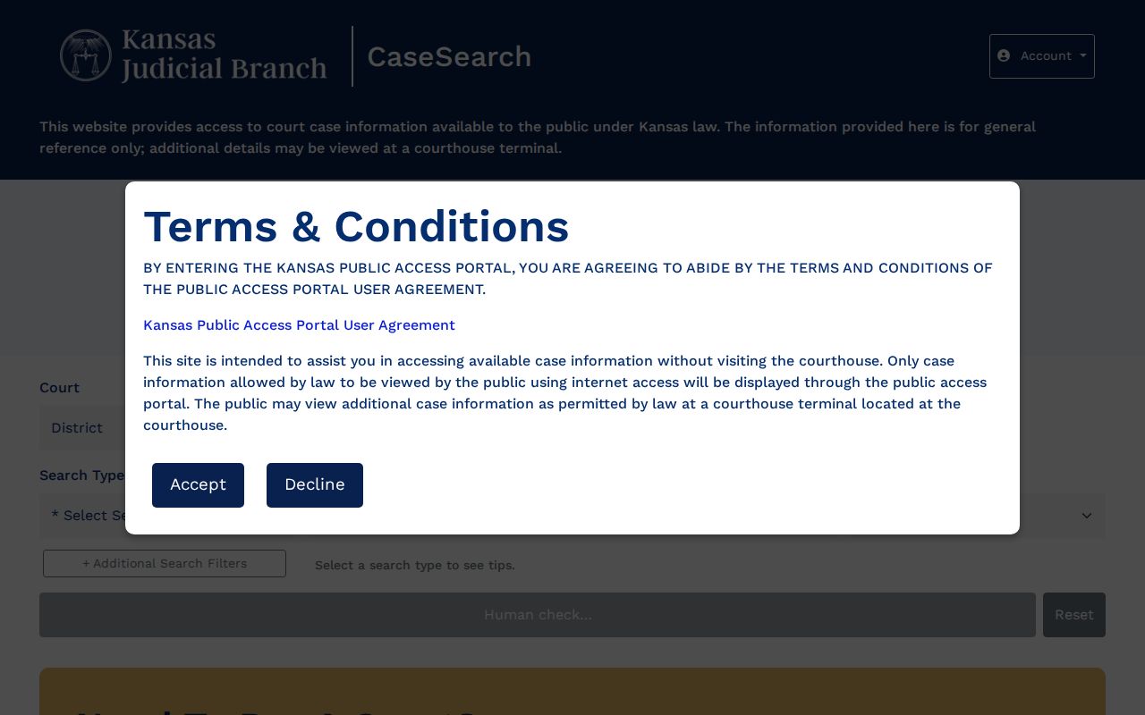 Kansas CaseSearch form fields used for Ottawa County docket searches